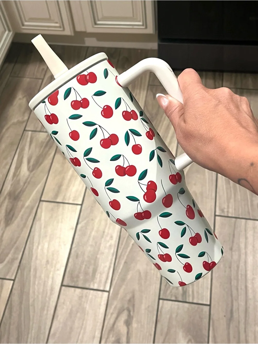 Cherry Print Cream Travel Mug with Handle